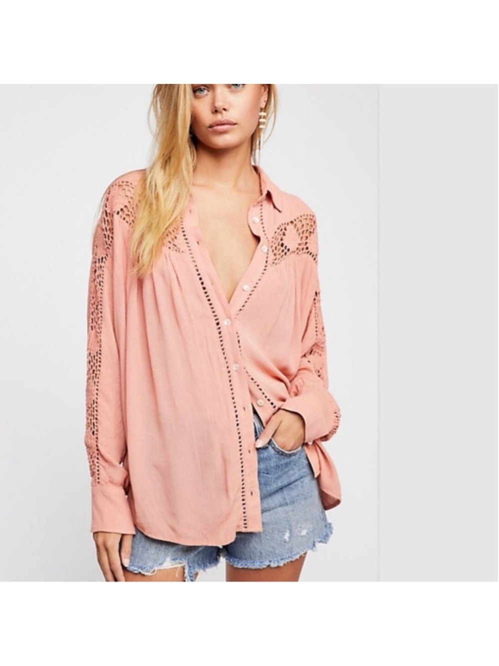Free People Katie Bird Buttondown Crochet Blouse Size Small NWT Salman Tan Tunic